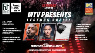 Plakat MTV LEGENDS BATTLE mit Fotos von Franky Dee, Luwam Russom und Flocke Oscor