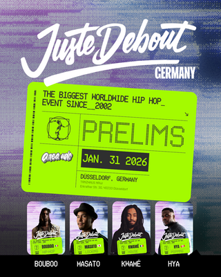 Oben steht: Juste Debout Germany. Darunter ist ein Ticket mit "Prelims" und dem Datum, 31.2026. Darunter sind die Fotos der vier Judges eingefügt.