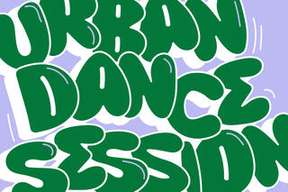 Auf fliederfarbenem Grund steht in dunkelgrünen, blasenartigen Großbuchstaben der Text "Urban Dance Session". Die Buchstaben sind mit 3D-wirkenden weißen Flächen unterlegt.