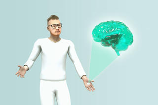 Eine animierte Figur in weißer Kleidung präsentiert das Hologramm eines türkisfarbenen Gehirns.