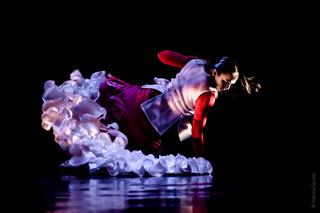 Eine Tänzerin im Flamenco-Kleid auf der Bühne.