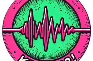 Rundes türkis-pinkes Logo mit pinkem Rand und Lautstärken-Amplitude in der Mitte. Unten am Rand steht der Titel Krach in Großbuchstaben, mit Ausrufe- und Fragezeichen.
