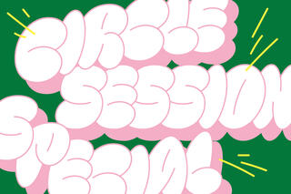 Grafik Circle Session Special, weiße Schrift mit rosa Rand, dunkelgrüner Hintergrund