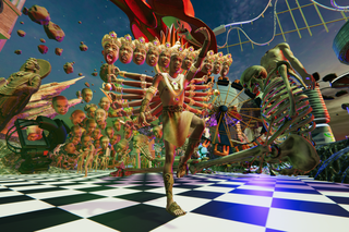 Ein computergeneriertes Bild. Eine Person steht auf einem Bein, das andere hat sie angewinkelt, sie streckt ebenfalls einen ihrer Arme nach oben. An den Körperseiten befinden sich acht weitere Arme. Neben dem Kopf der Person befinden sich links und rechts weitere Köpfe, die dasselbe Gesicht haben. Die Person trägt ein rockartiges Kleidungsstück, einen goldenen Kopfschmuck und goldene Armreifen. Im Hintergrund sieht man mehrere Köpfe durch in der Luft, Statuen, Skelette, ein Riesenrad und eine Achterbahn.