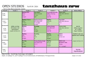 Stundenplan der Open Studios für Teens & Kids am 05.09. Eine Tabelle in pink und grün mit den Dozent*innennamen, ihren Workshops und den Uhrzeiten.